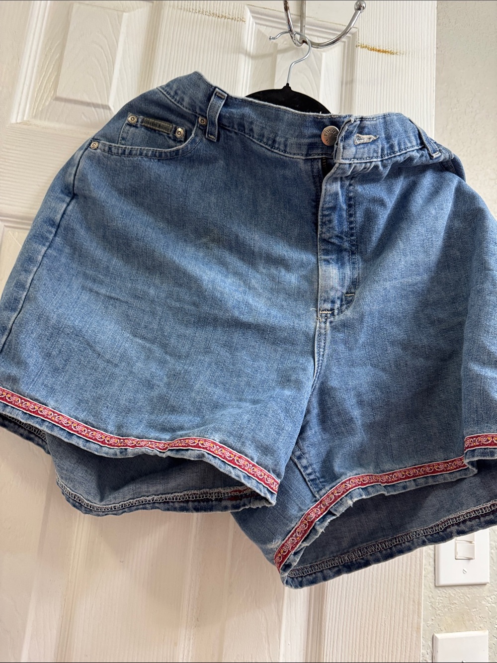 Denim  Shorts with Embroidered Hem - Blue